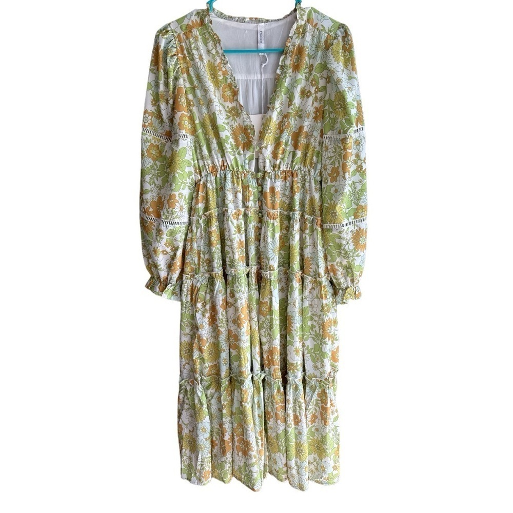 NWT Moonsea Green Yellow Floral Button-Front Puff Sleeve Retro Midi Dress